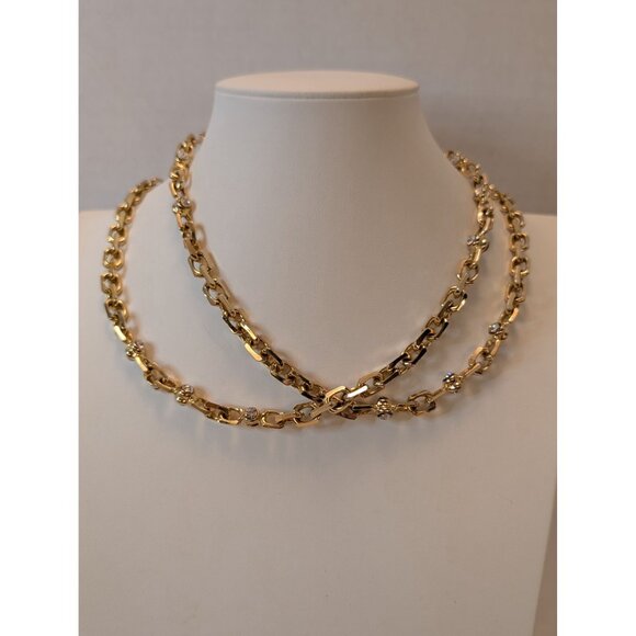 Gold Plated Chain Necklace W/ Glass Rhinestones & Coordinating Clip Earrings Set - Picture 6 of 12